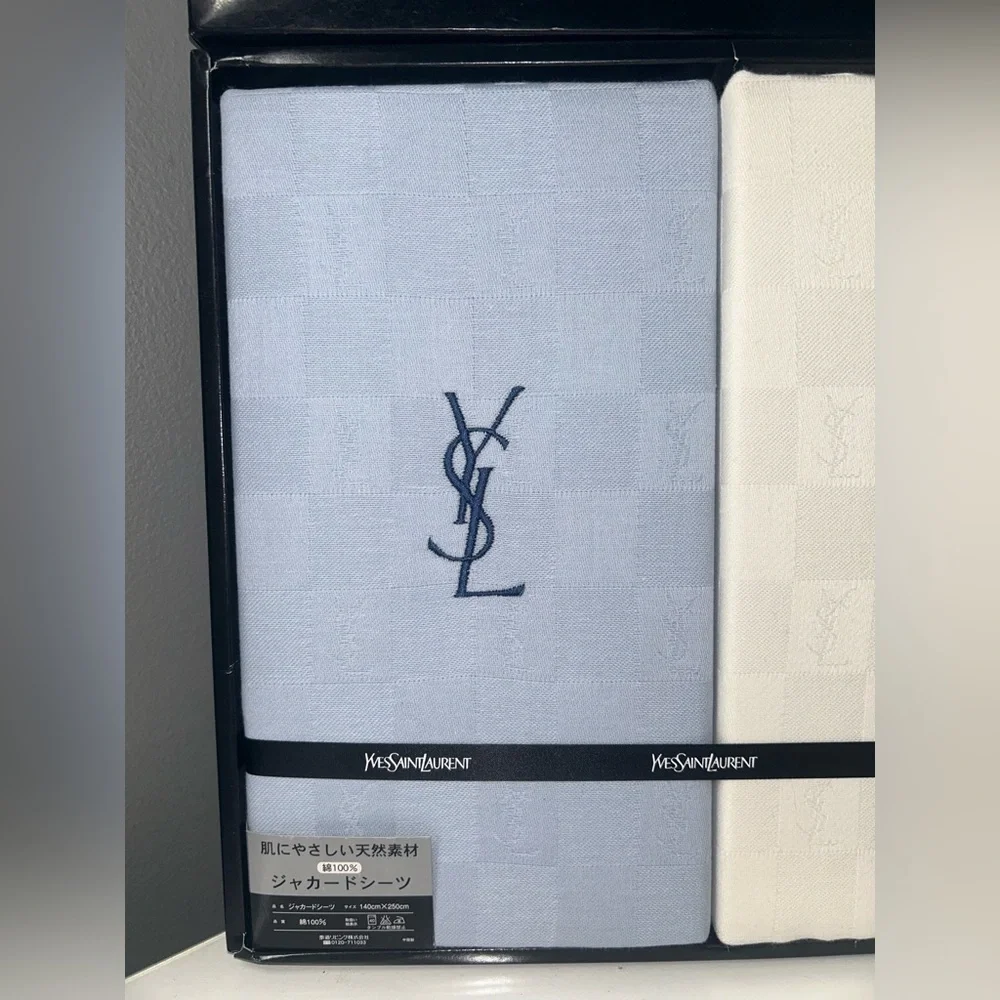 YSL Yves Saint Laurent Blue and White Twin Sheet Set